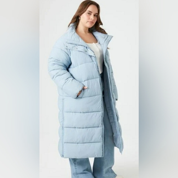 NEW Women Plus Size Longline Puffer Coat/Jacket! F21. Sky-Blue. 1X Adult. - Picture 4 of 16